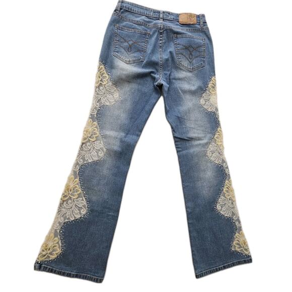 Sassy Thai Jeans Womens Embellished Beads Flowers Rhinestones Mid Rise 10 Flare - Picture 12 of 14